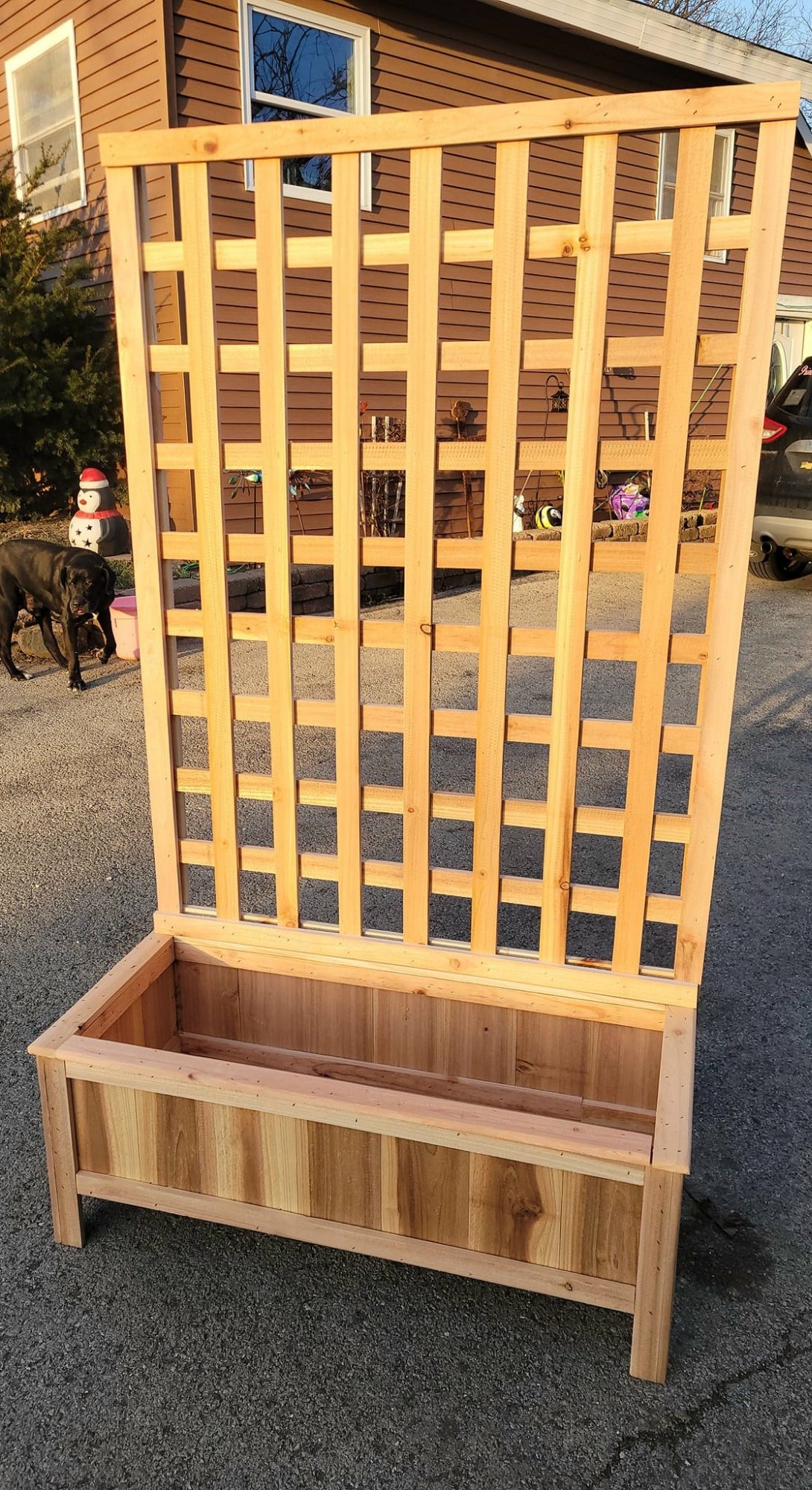Garden planter box with trellis wall for climbing plants, ideal for Franklin WI gardens