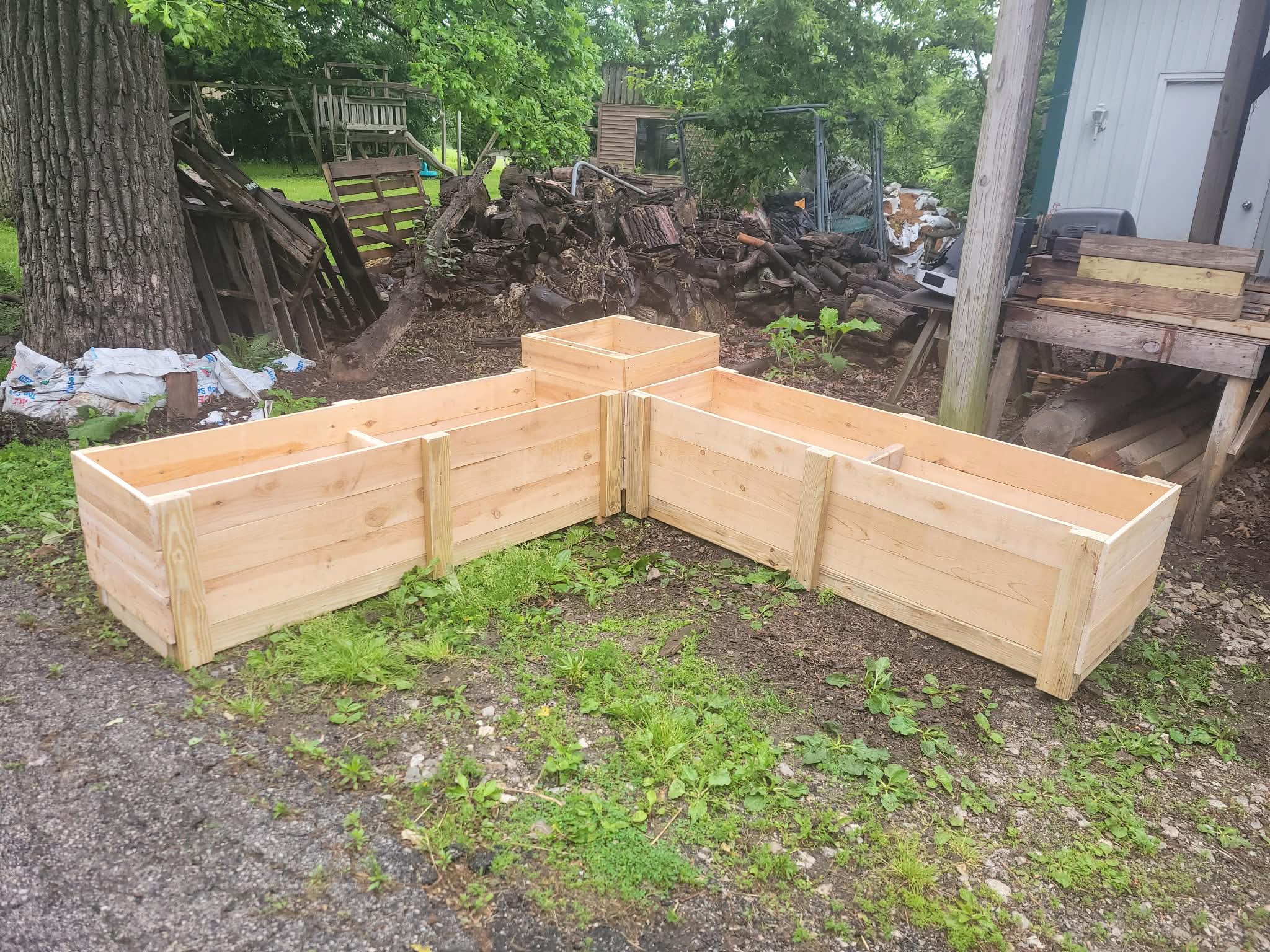 L-shaped corner planter box set made from natural cedar lumber